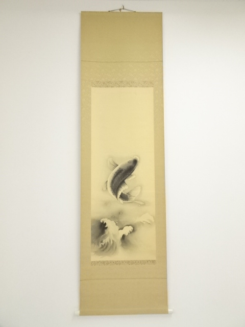 JAPANESE HANGING SCROLL / HAND PAINTED / CARPS CLIMBING WATER FALL